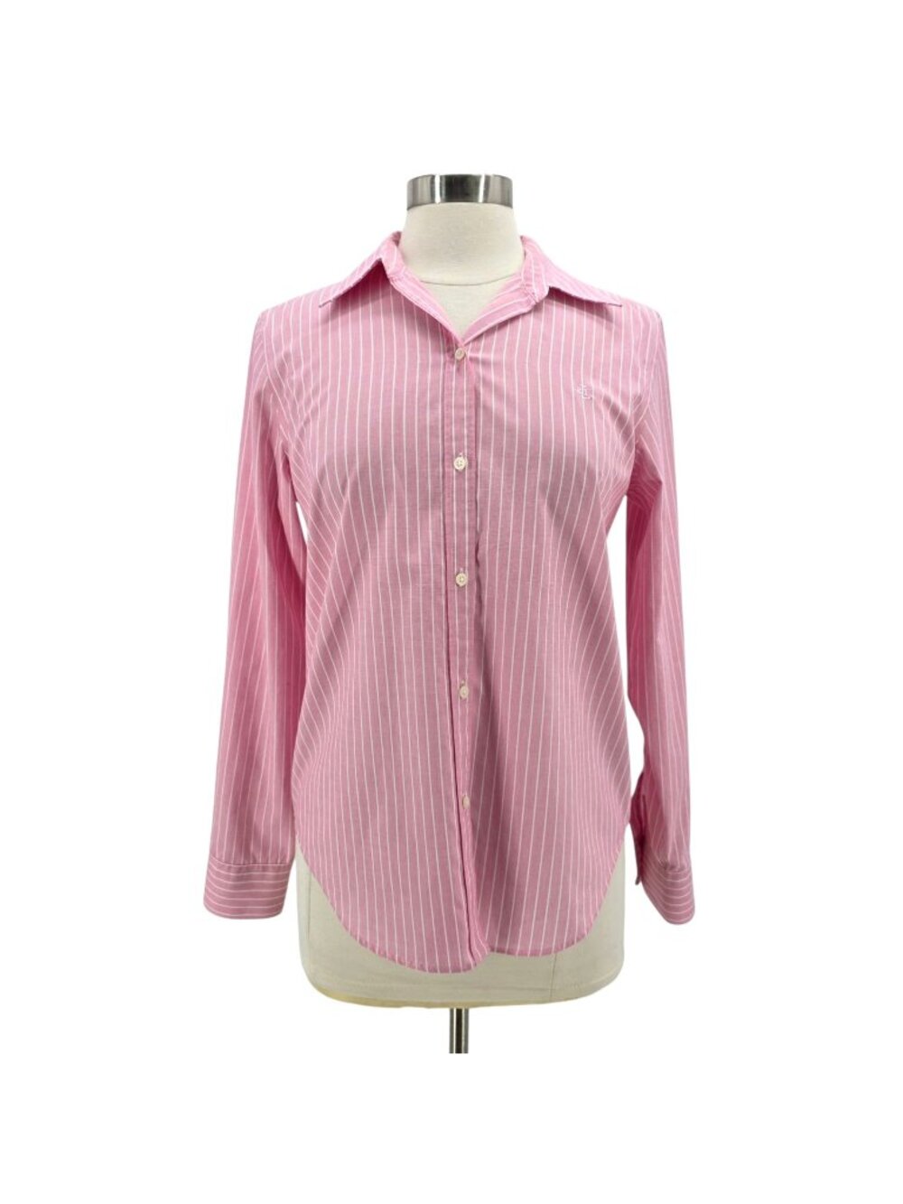 Lauren Ralph Lauren Womens Medium Top Non Iron Pink White Stripe Logo Button
